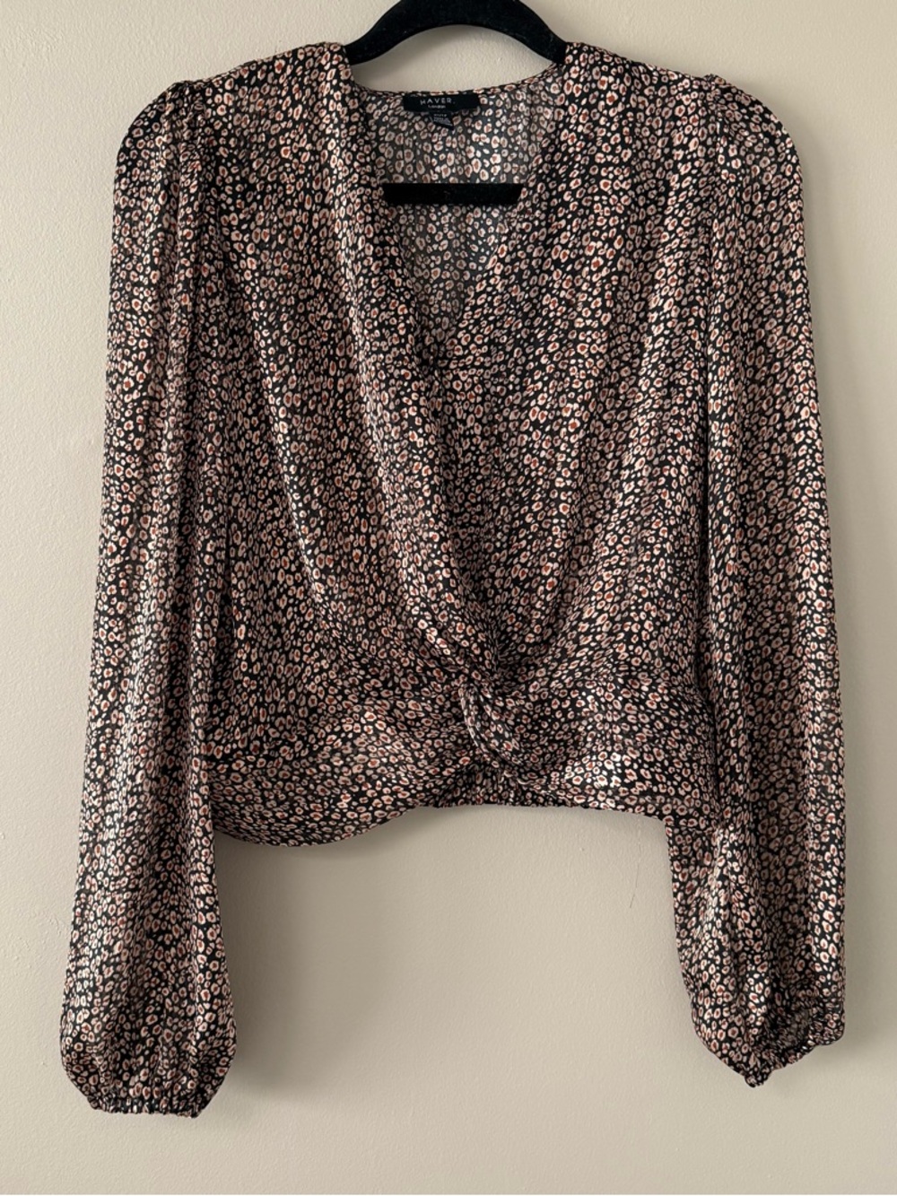 Haver London Leopard Twist-Front Blouse with gold threads XS
